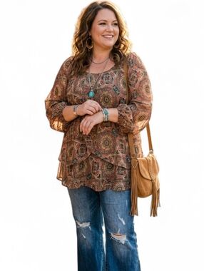 Tamara H. Boho Paisley Lurex Tunic Top Plus Size 1X Layered Chiffon